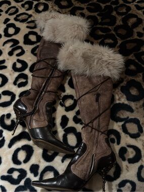 Giuseppe Zanotti Brown Suede Over-the-Knee Boots with Cream Fur Cuff